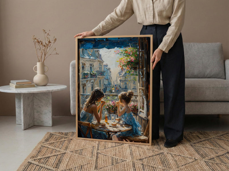European Balcony Poster, Mother Child Art - Mother's Day Gift