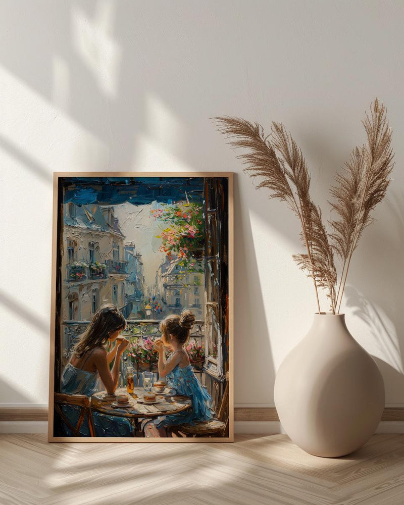 European Balcony Poster, Mother Child Art - Mother's Day Gift