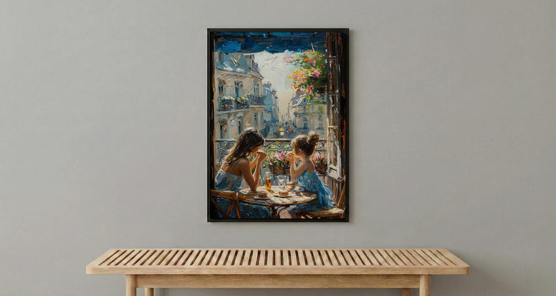 European Balcony Poster, Mother Child Art - Mother's Day Gift