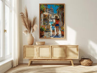 Italian Courtyard Poster, Mother Son Art - Palette Knife Painting Style