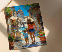 Italian Courtyard Poster, Mother Son Art - Palette Knife Painting Style