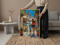 Italian Courtyard Poster, Mother Son Art - Palette Knife Painting Style