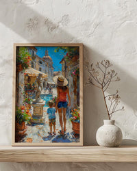 Italian Courtyard Poster, Mother Son Art - Palette Knife Painting Style