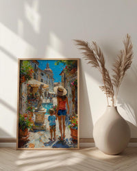 Italian Courtyard Poster, Mother Son Art - Palette Knife Painting Style