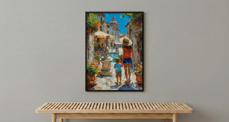 Italian Courtyard Poster, Mother Son Art - Palette Knife Painting Style