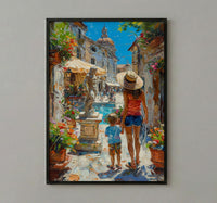 Italian Courtyard Poster, Mother Son Art - Palette Knife Painting Style