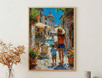 Italian Courtyard Poster, Mother Son Art - Palette Knife Painting Style
