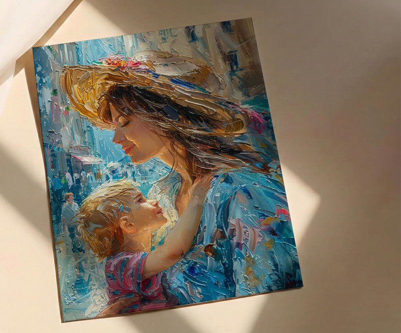 Italian Piazza Art Print, Mother Son Poster - Thick Oil Painting Style