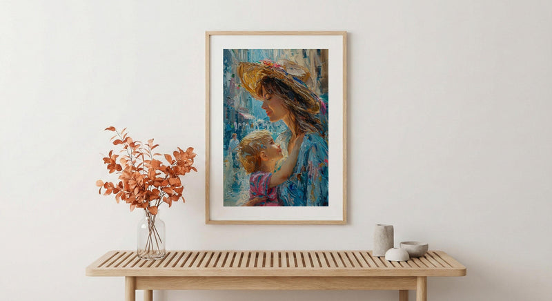 Italian Piazza Art Print, Mother Son Poster - Thick Oil Painting Style