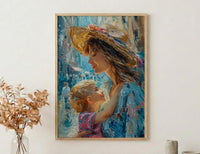 Italian Piazza Art Print, Mother Son Poster - Thick Oil Painting Style