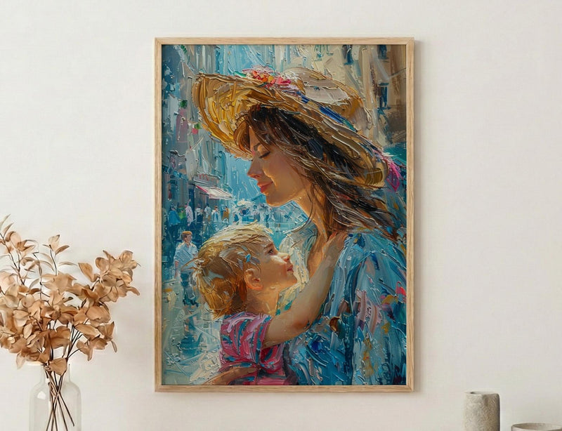 Italian Piazza Art Print, Mother Son Poster - Thick Oil Painting Style