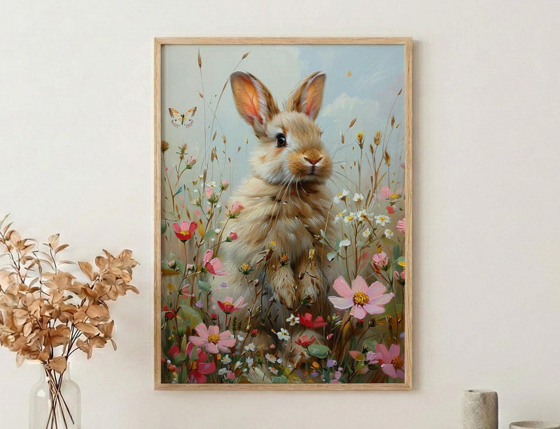 Baby Bunny Nursery Art Print, Spring Wildflower Decor - Baby Shower Gift