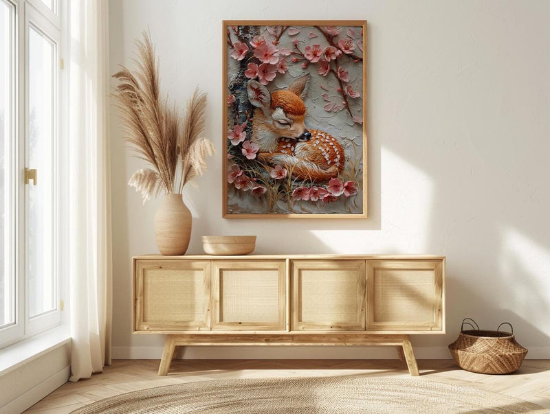 Sleeping Fawn Nursery Wall Art, Pink Sakura Spring Decor - Kids Room Decor