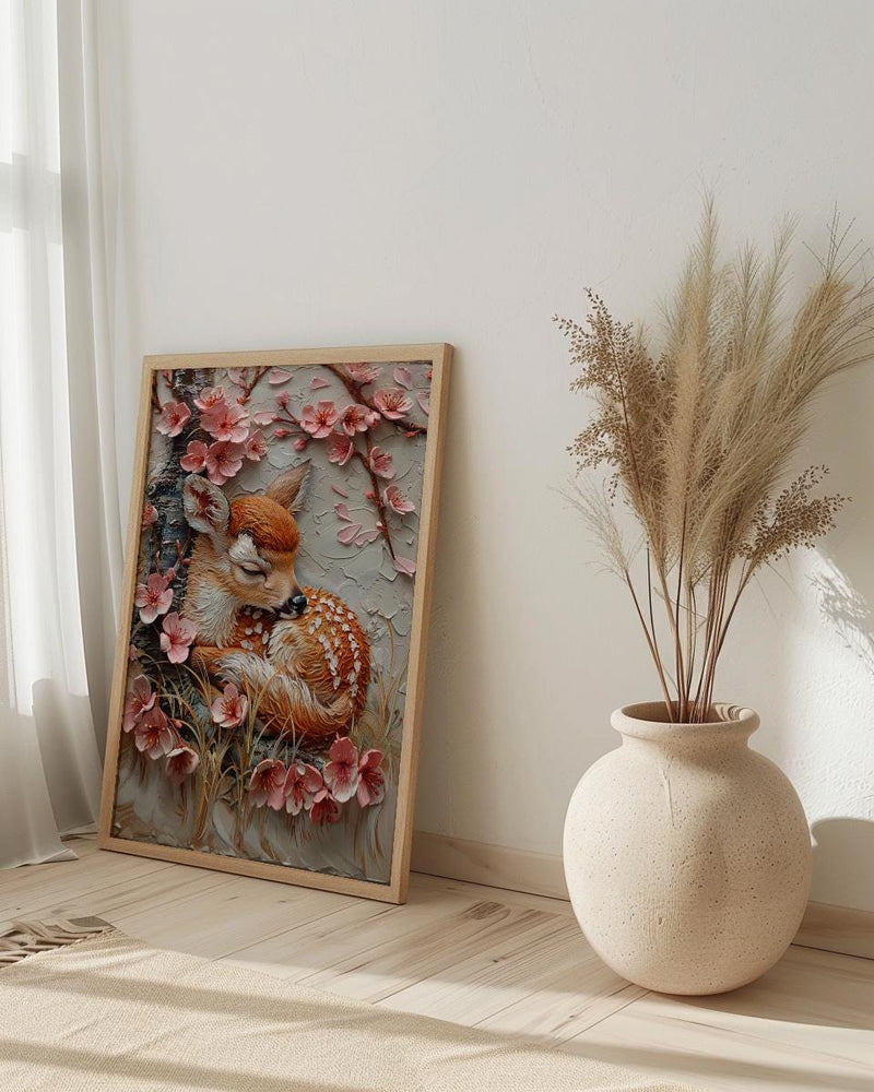 Sleeping Fawn Nursery Wall Art, Pink Sakura Spring Decor - Kids Room Decor