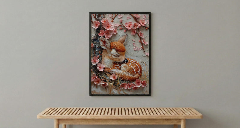 Sleeping Fawn Nursery Wall Art, Pink Sakura Spring Decor - Kids Room Decor
