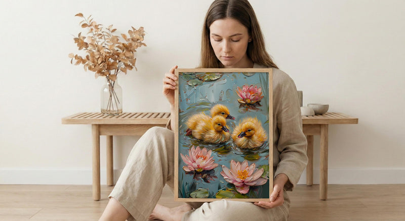 Spring Ducklings Nursery Poster, Pink Water Lily Decor - Baby Shower Gift