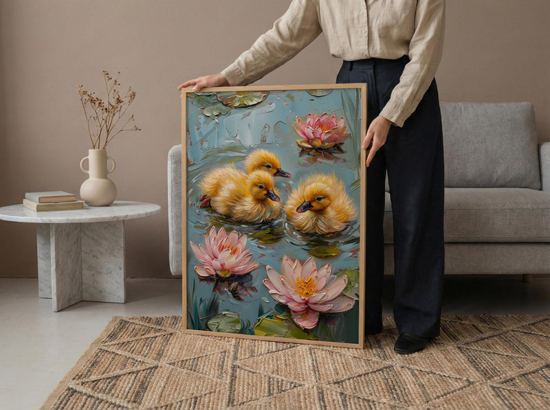 Spring Ducklings Nursery Poster, Pink Water Lily Decor - Baby Shower Gift