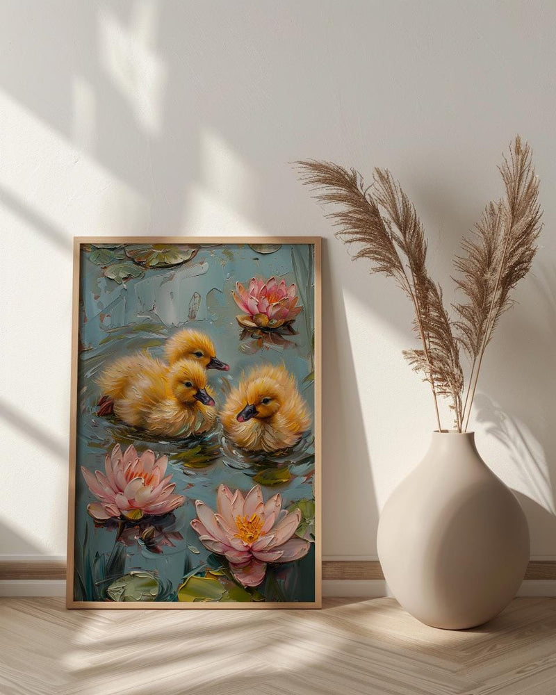 Spring Ducklings Nursery Poster, Pink Water Lily Decor - Baby Shower Gift