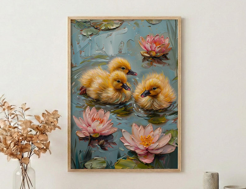 Spring Ducklings Nursery Poster, Pink Water Lily Decor - Baby Shower Gift