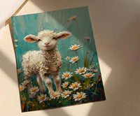 Baby Lamb Nursery Wall Decor, White Daisy Spring Print - Thick Oil Painting Style