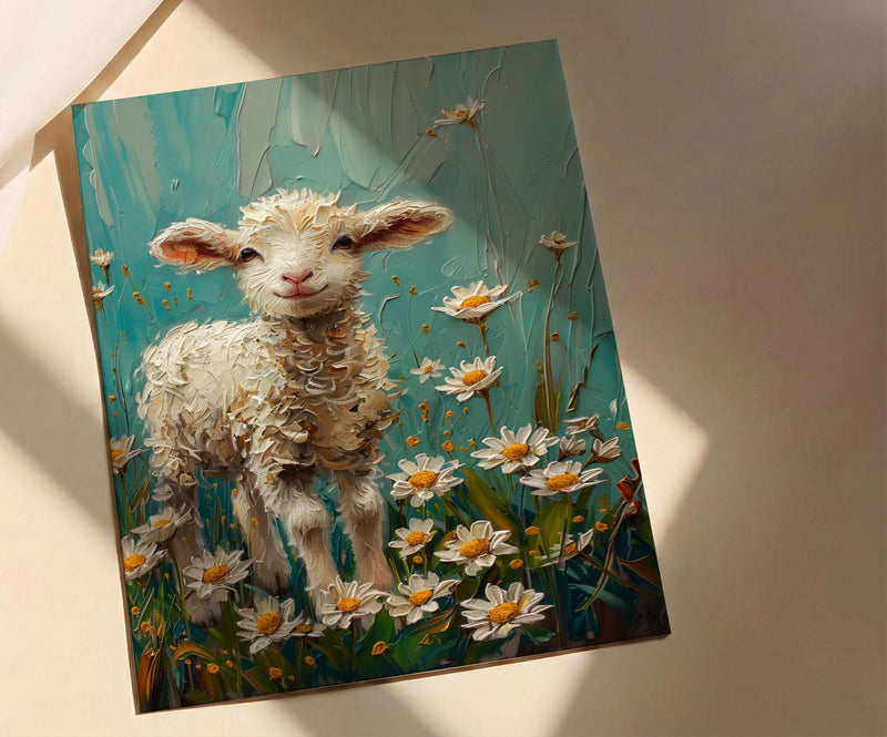 Baby Lamb Nursery Wall Decor, White Daisy Spring Print - Thick Oil Painting Style