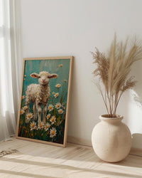 Baby Lamb Nursery Wall Decor, White Daisy Spring Print - Thick Oil Painting Style