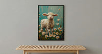 Baby Lamb Nursery Wall Decor, White Daisy Spring Print - Thick Oil Painting Style