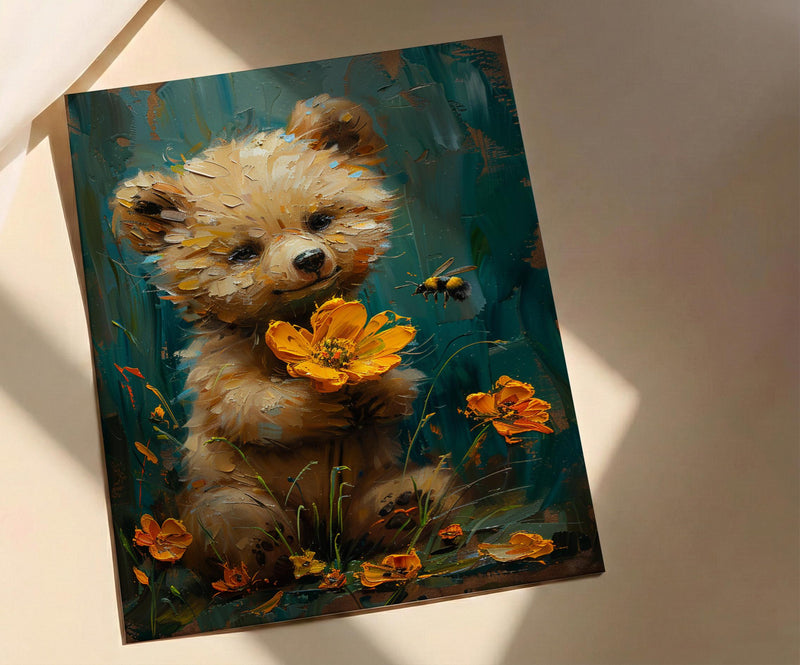 Baby Bear Nursery Art Print, Yellow Floral Spring Decor - Baby Shower Gift