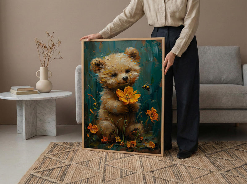 Baby Bear Nursery Art Print, Yellow Floral Spring Decor - Baby Shower Gift
