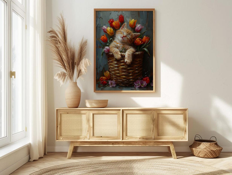 Sleeping Kitten Nursery Wall Art, Spring Tulip Print - Playroom Decor