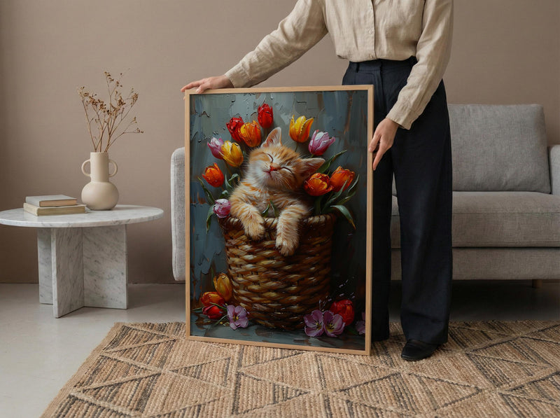 Sleeping Kitten Nursery Wall Art, Spring Tulip Print - Playroom Decor