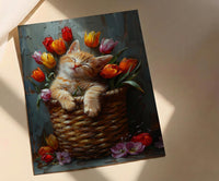 Sleeping Kitten Nursery Wall Art, Spring Tulip Print - Playroom Decor