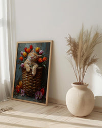 Sleeping Kitten Nursery Wall Art, Spring Tulip Print - Playroom Decor