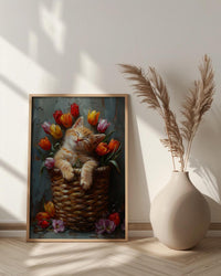 Sleeping Kitten Nursery Wall Art, Spring Tulip Print - Playroom Decor