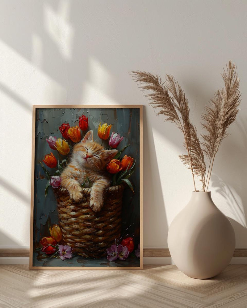 Sleeping Kitten Nursery Wall Art, Spring Tulip Print - Playroom Decor