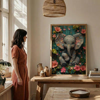 Baby Elephant Nursery Poster, Pink Tropical Floral Decor - Textured Impasto Oil Painting