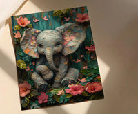 Baby Elephant Nursery Poster, Pink Tropical Floral Decor - Textured Impasto Oil Painting