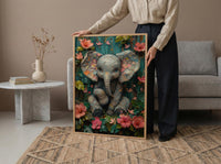 Baby Elephant Nursery Poster, Pink Tropical Floral Decor - Textured Impasto Oil Painting