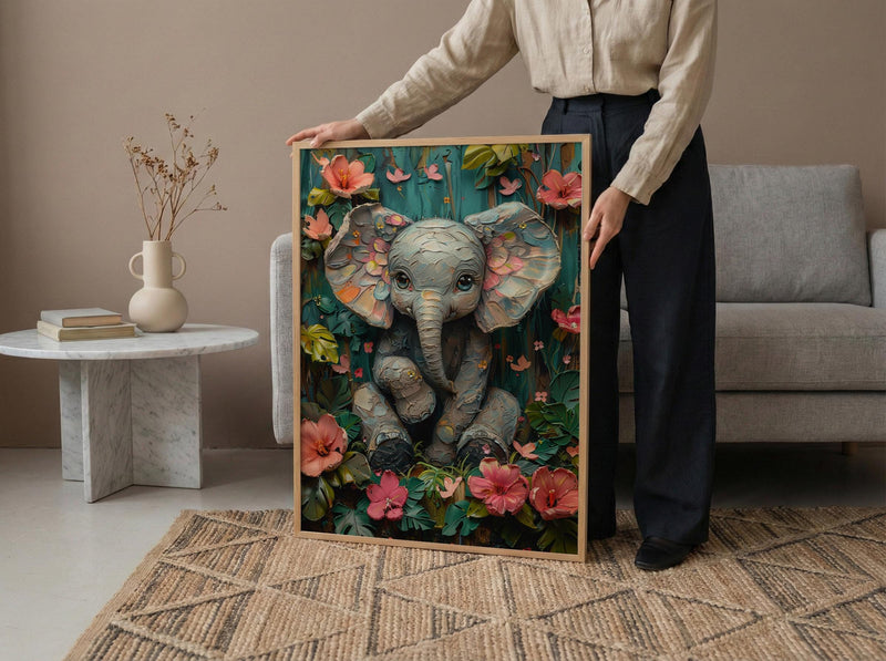 Baby Elephant Nursery Poster, Pink Tropical Floral Decor - Textured Impasto Oil Painting