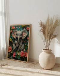 Baby Elephant Nursery Poster, Pink Tropical Floral Decor - Textured Impasto Oil Painting