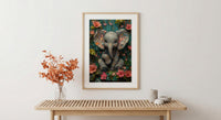 Baby Elephant Nursery Poster, Pink Tropical Floral Decor - Textured Impasto Oil Painting