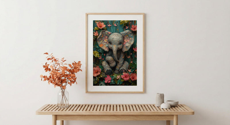 Baby Elephant Nursery Poster, Pink Tropical Floral Decor - Textured Impasto Oil Painting