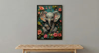 Baby Elephant Nursery Poster, Pink Tropical Floral Decor - Textured Impasto Oil Painting