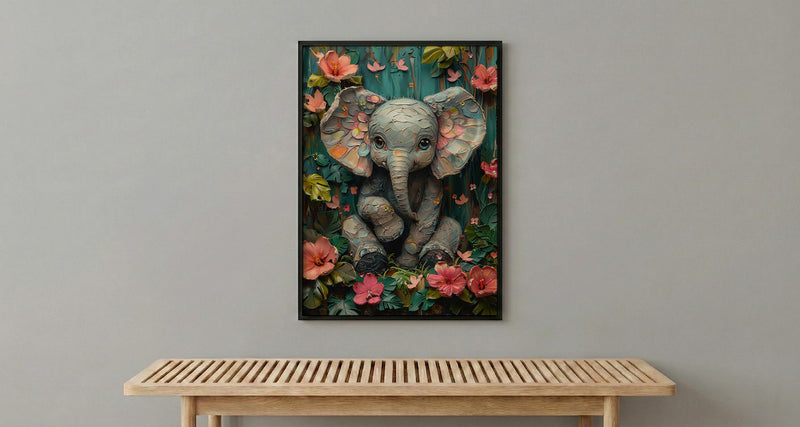 Baby Elephant Nursery Poster, Pink Tropical Floral Decor - Textured Impasto Oil Painting