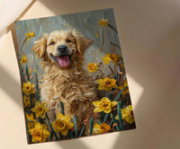 Puppy Daffodil Nursery Art Print, Spring Golden Retriever - Baby Shower Gift