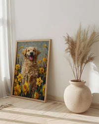 Puppy Daffodil Nursery Art Print, Spring Golden Retriever - Baby Shower Gift
