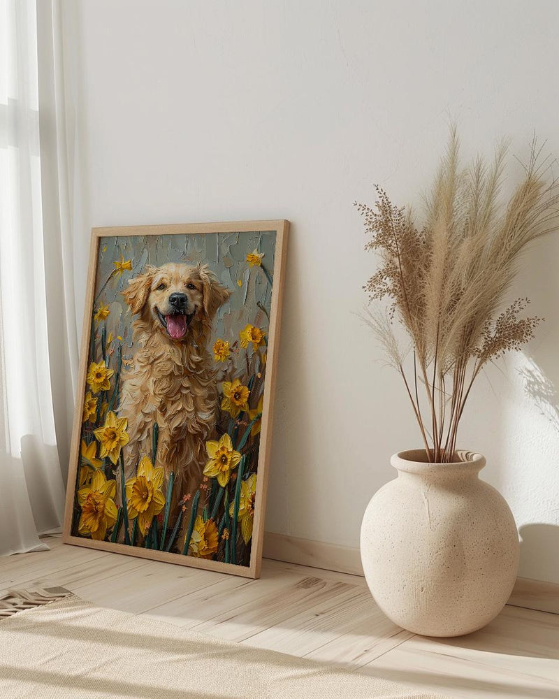 Puppy Daffodil Nursery Art Print, Spring Golden Retriever - Baby Shower Gift
