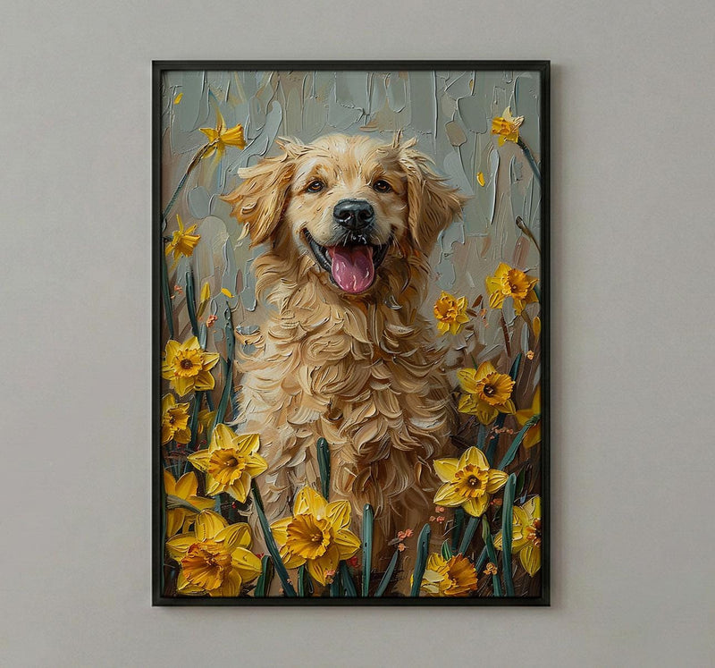 Puppy Daffodil Nursery Art Print, Spring Golden Retriever - Baby Shower Gift