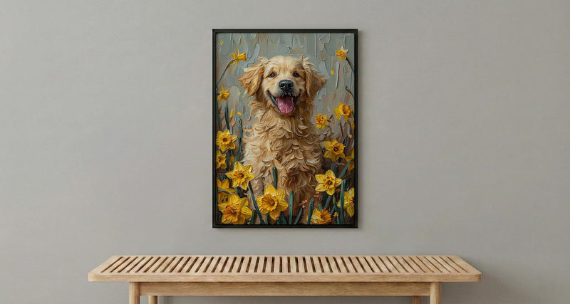 Puppy Daffodil Nursery Art Print, Spring Golden Retriever - Baby Shower Gift