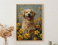 Puppy Daffodil Nursery Art Print, Spring Golden Retriever - Baby Shower Gift